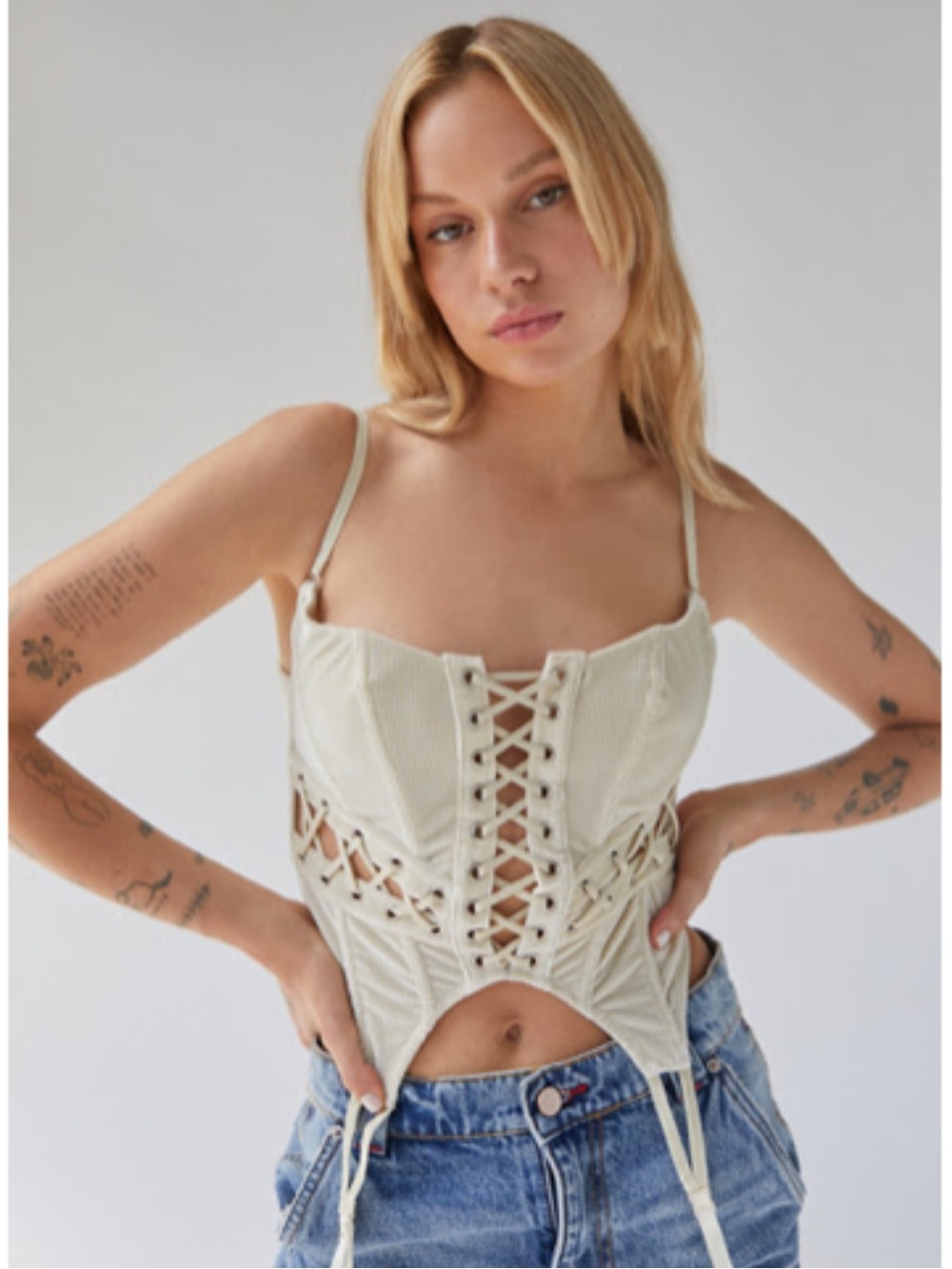 Lace up Corset Tank with Adjustable back in Velvet Cream